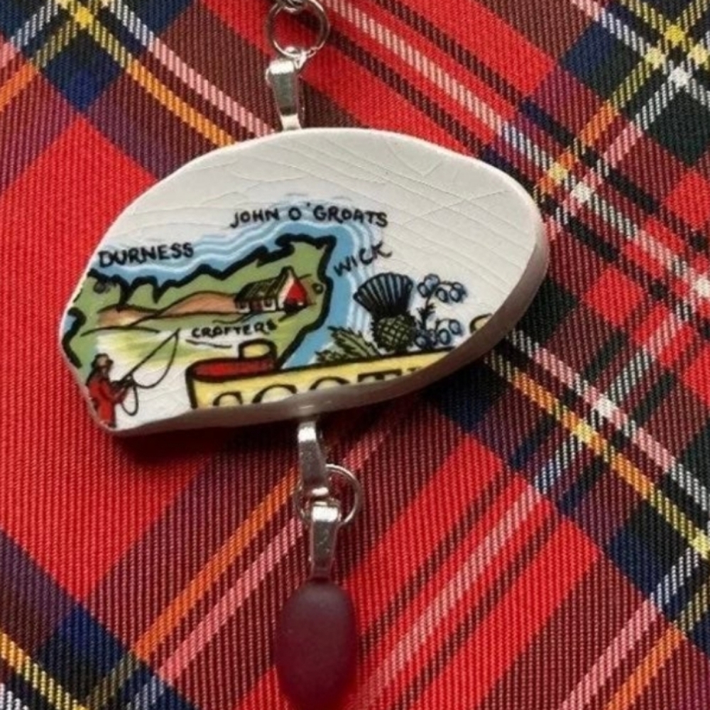 Artisan Scottish Necklace,  Pottery and Sea Glass, Cord, 16"- 18"',  NWOT, Gift